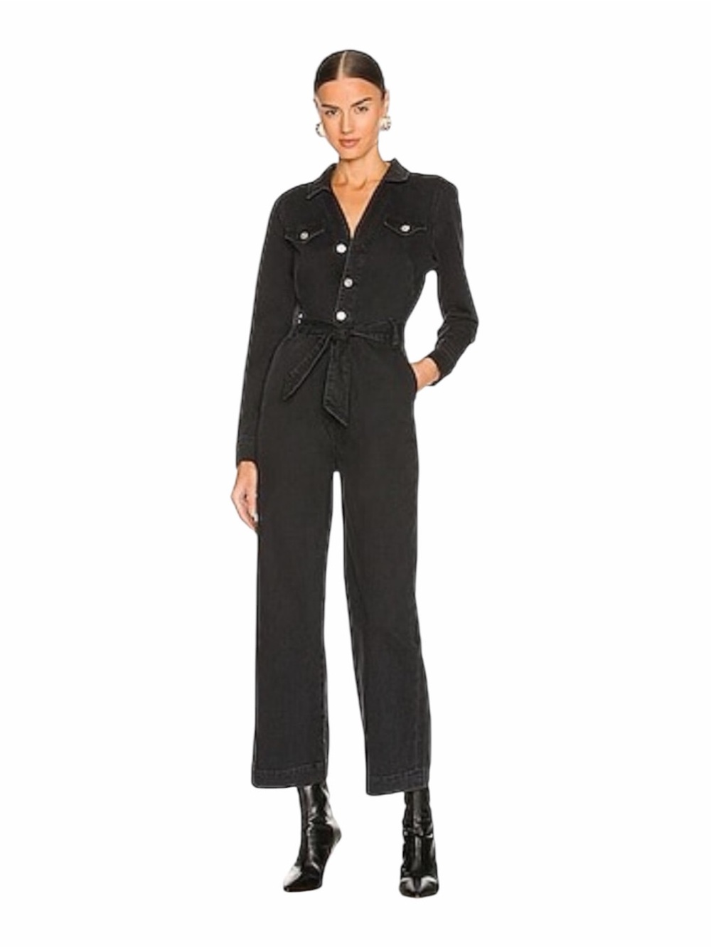 PAIGE Aneesa Long-Sleeve Tie-Waist Utility Jumpsuit in Vintage Black.